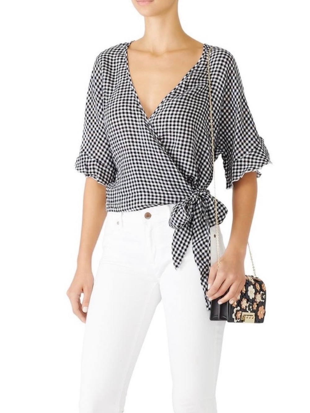 Rails Athena Black Mini Gingham Linen Blend Wrap Crop Top Size XS